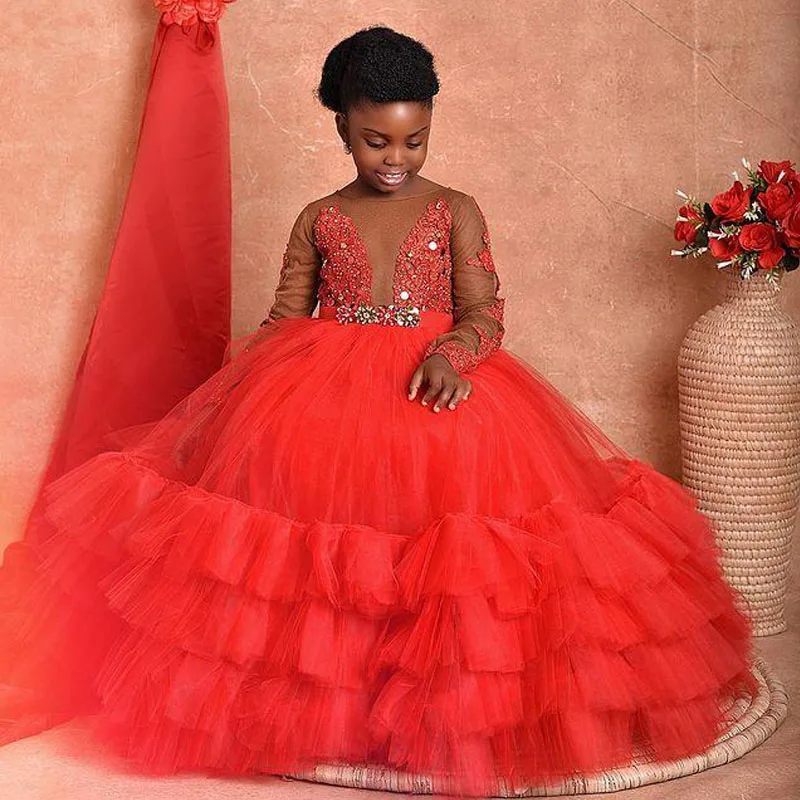 

Red Layered Tulle Flower Girl Dresses Ball Gown Lace Beaded Party Kids Birthday Gowns Ball Gown Toddler Pageant Wears