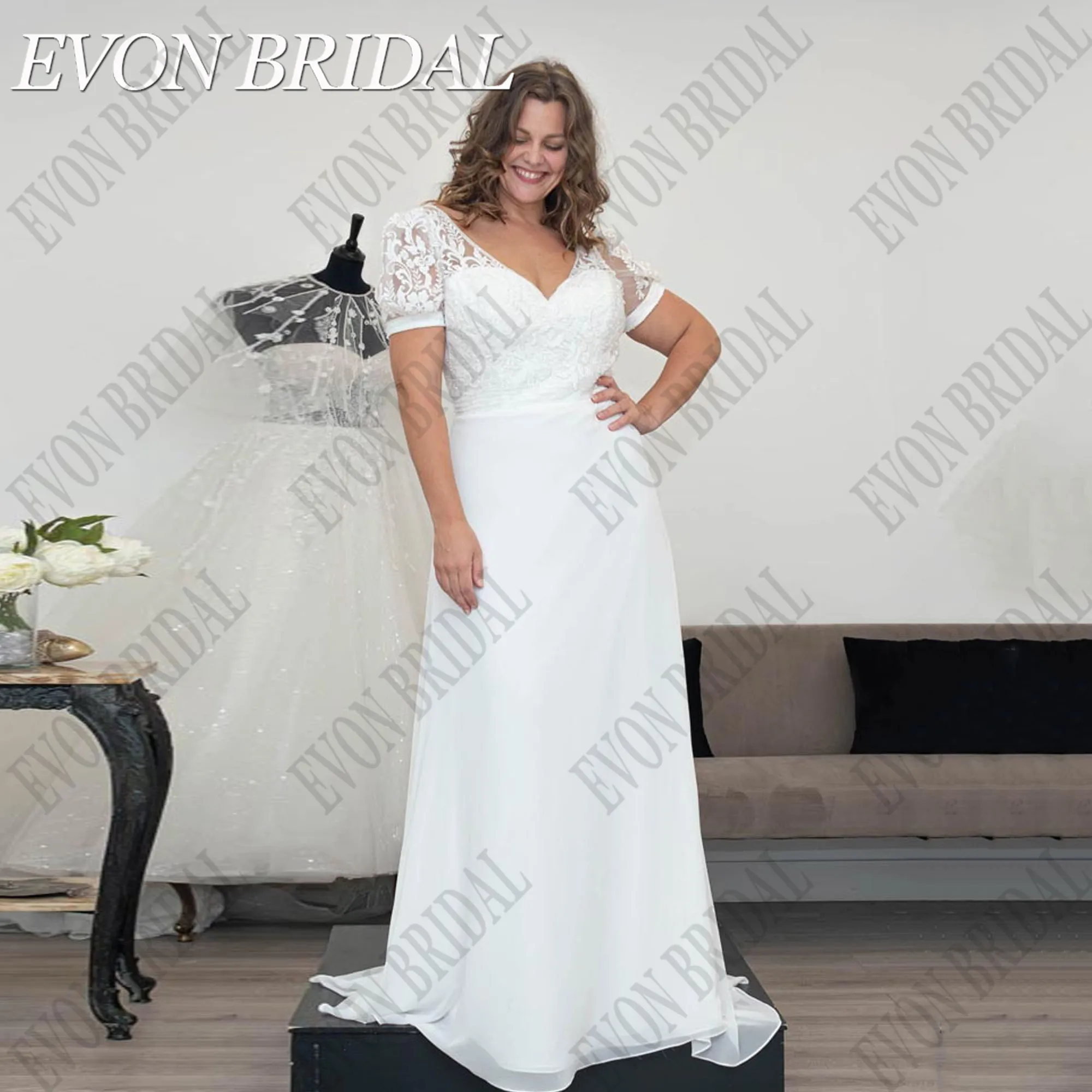 

EVON BRIDAL Customized Plus Size Bohemian Wedding Dresses V-Neck Chiffon Bride Gowns Illusion Back Wedding Dress Short Sleeves