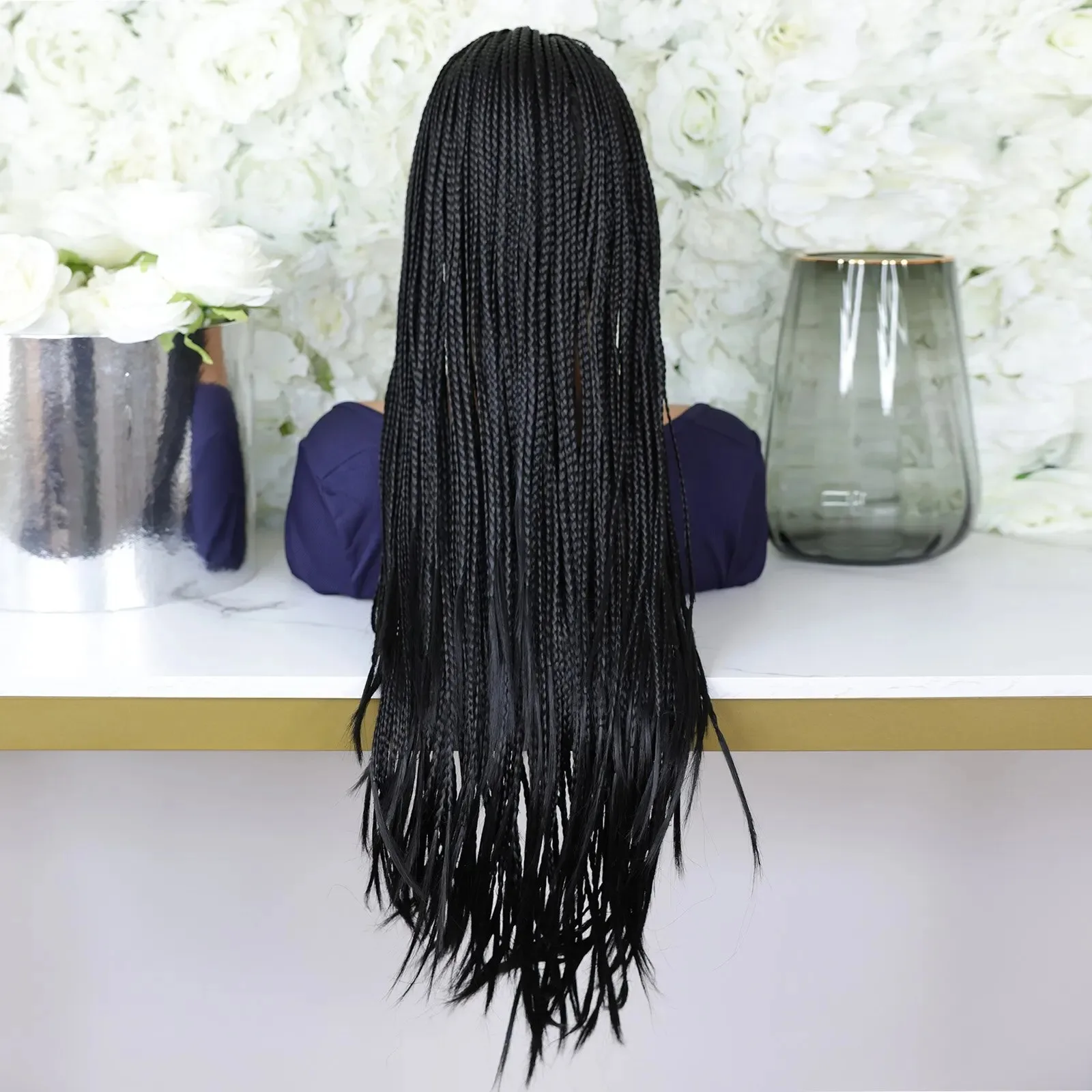 Wig kepang renda 30 "kotak sintetis wig kepang renda depan wig kepang tanpa simpul untuk wanita hitam wig kotak kecil ukuran topi besar