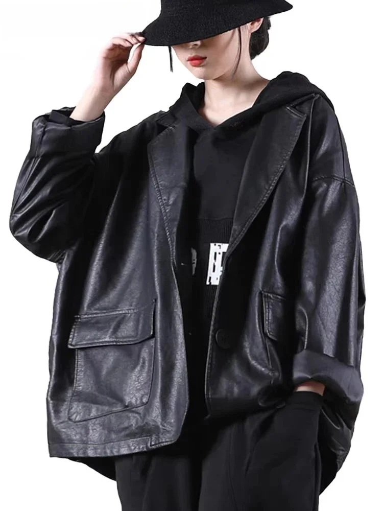Amax luluE 2025 Jesień Anglia Projektant Damskie Czarne Kurtki ze Sztucznej Skóry Luźne Codzienne Kurtki Motocyklowe Damskie Harajuku Pu Streetwear — zdjęcie 2