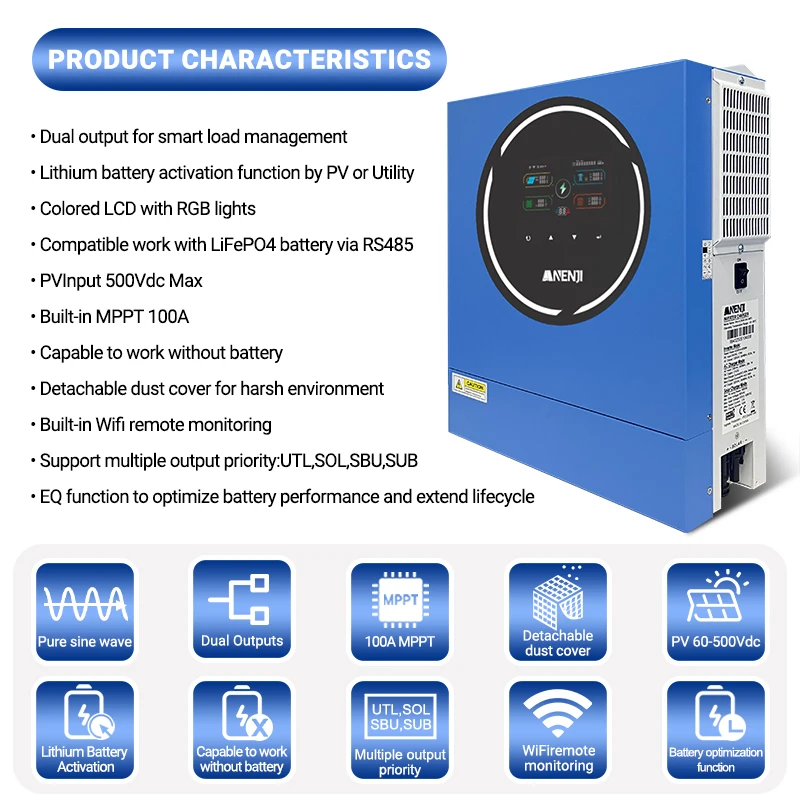 ANENJI 5KW 48V عاكس للطاقة الشمسية الهجين 220 فولت/230VAC MPPT 100A المدمج في WIFI العاكس المزدوج الناتج موجة جيبية نقية PV 500 فولت تشغيل/إيقاف الشبكة