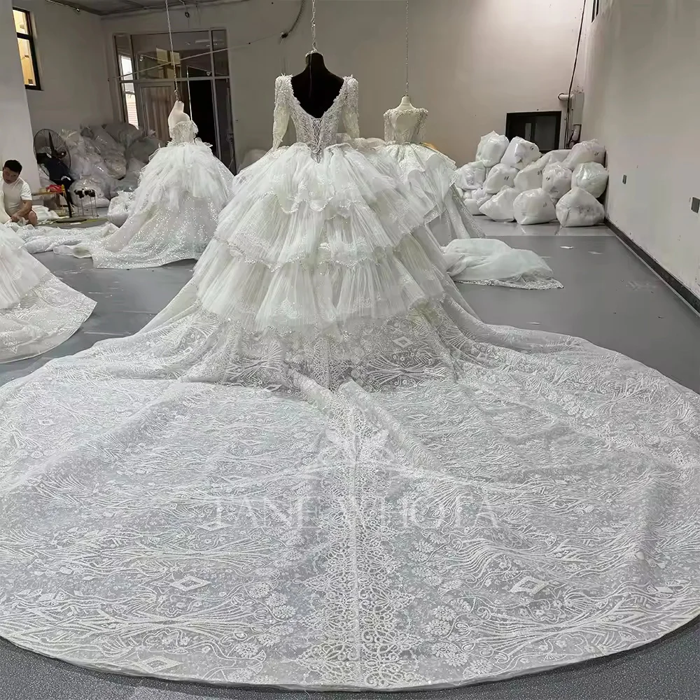 رداء Mariage بأكمام طويلة على شكل قلب مطرز بالكريستال فستان زفاف بأربطة من الخلف فستان زفاف فيستدو دي نوفيا