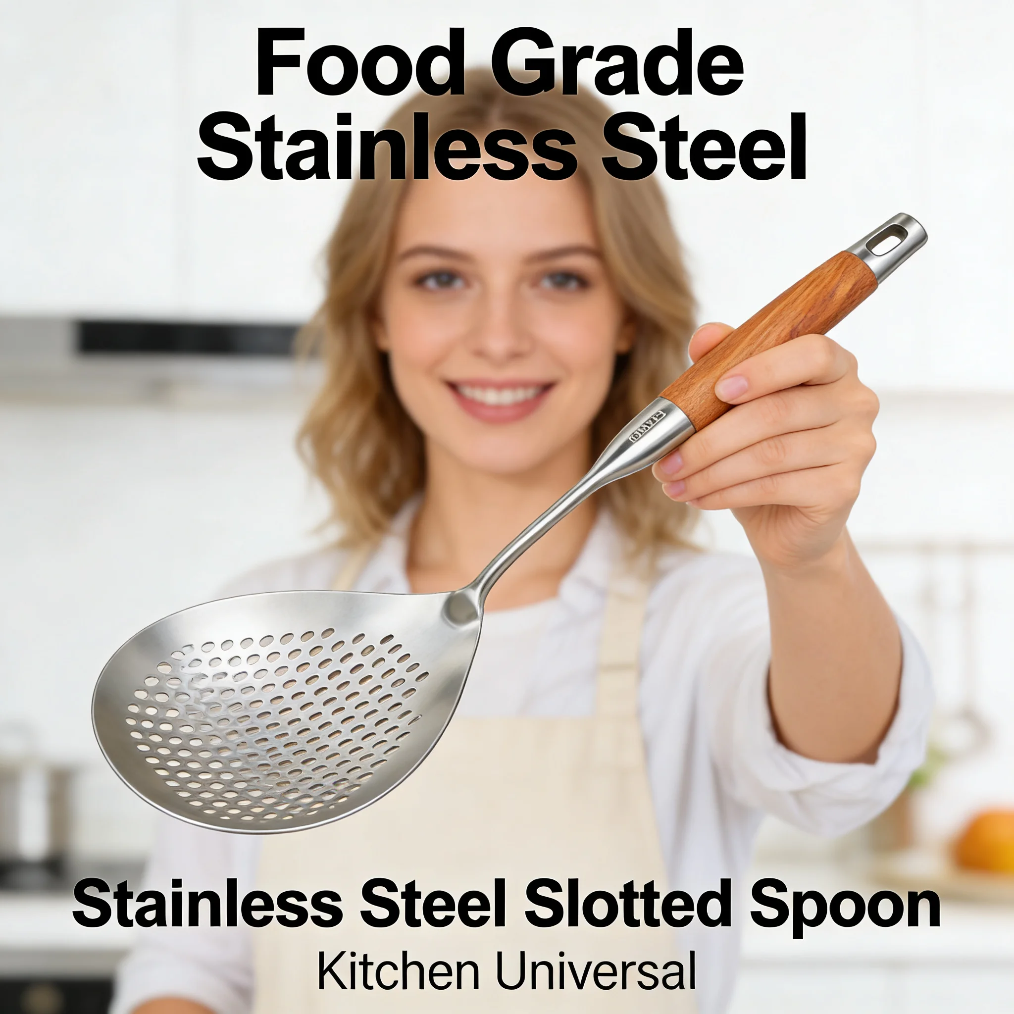 Food Grade Stainless Steel Slotted Spoon Wooden Handle Heat Resistant Kitchen Skimmer for Cooking Draining