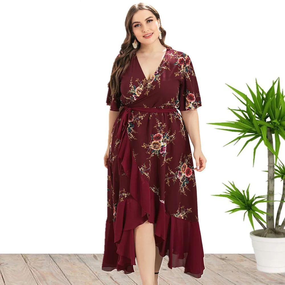 Vestidos de gasa con estampado Floral para mujer, cuello en V, talla grande, Verano