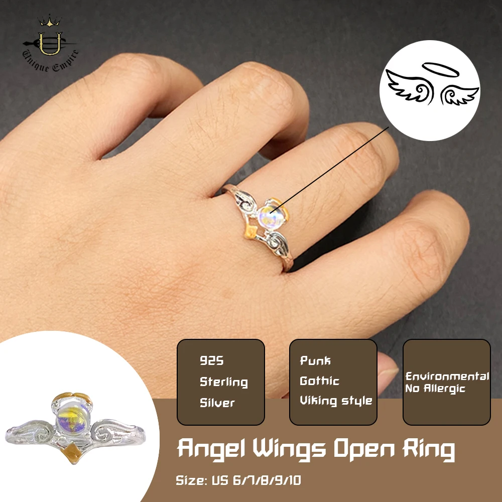 

Серебряное регулируемое кольцо с перьями крыла ангела и лунным камнем, изысканное небесное парное кольцо для помолвки, подарок на Хэллоуин