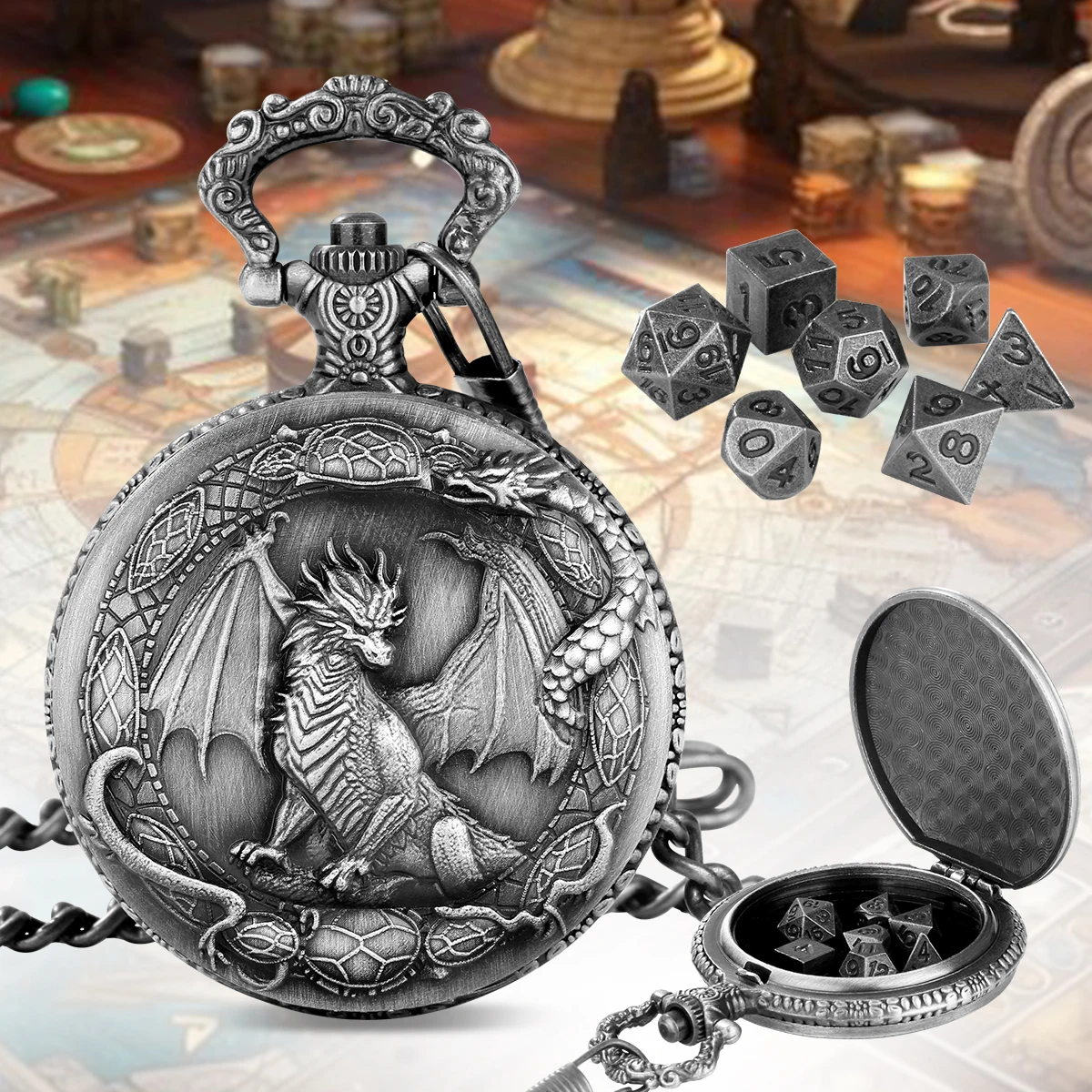 PDND5901 Mini Metal DND Dice Set 7Pcs Polyhedral Dice with Border Dragon Pattern Pocket Watch Shell Case Portable Role Playing Board Game Tabletop Game Accessories Dark Silver