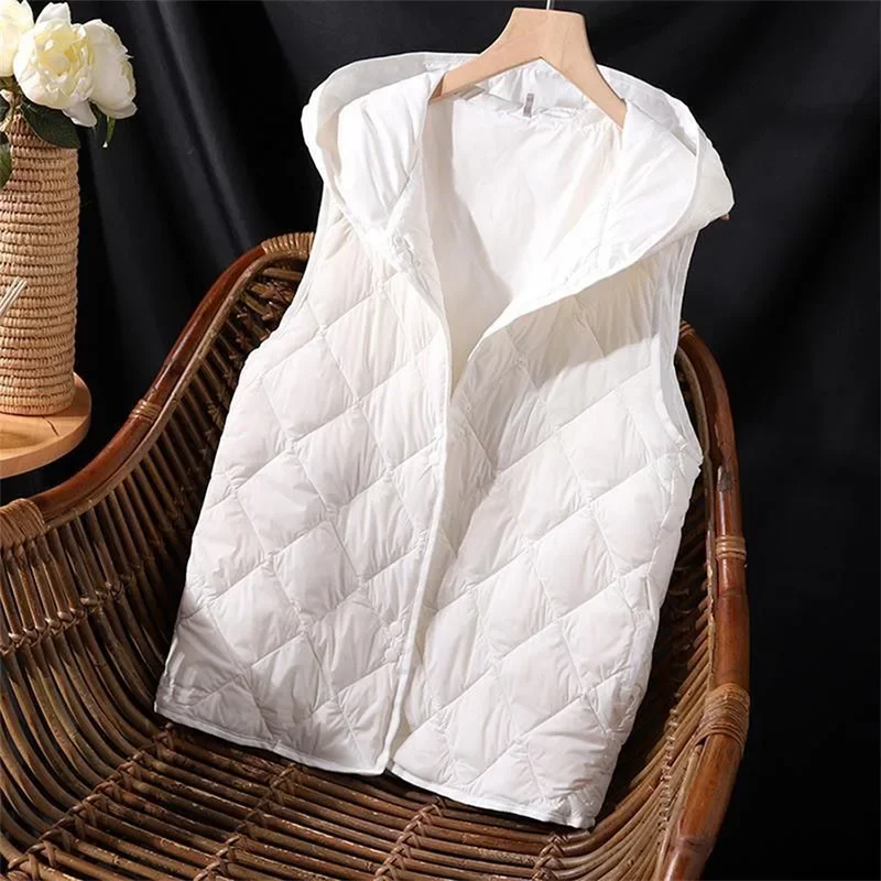 2024 nowa biała puchowa bawełniana kamizelka kurtka damska z kapturem bez rękawów ocieplana kamizelka odzież wierzchnia jesienno-zimowa kamizelka damska — zdjęcie 2
