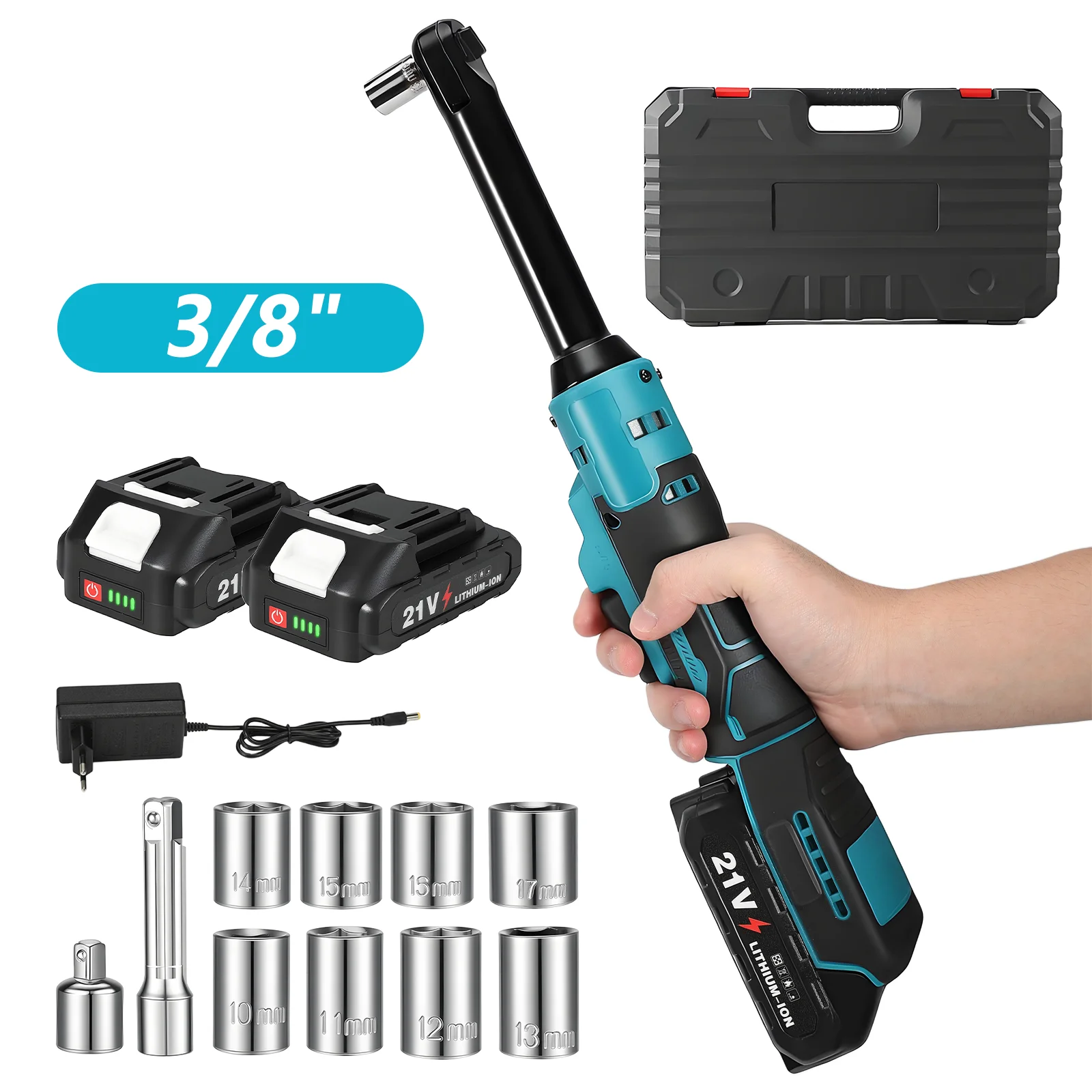 Clé à cliquet étendue de 6,3 pouces, clé électrique sans fil 3/8'', 400 tr/min, 21 V, clé d'angle rechargeable, outils de réparation automobile avec 2 batteries