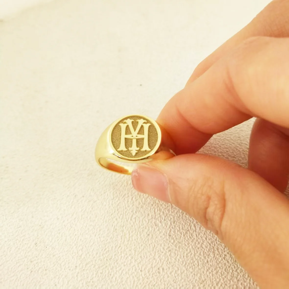 

Custom Engraved Pinky Ring 13mm Round Signet Ring Custom Family Badge ring for Women Men Ring Copper Jewelry