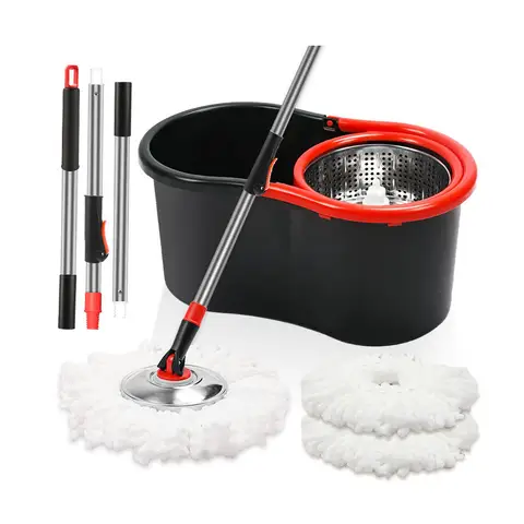 Multi-Functional Spin Mop and Bucket Set with Wring System–Adjustable & Extendable Pole with 2 Replacement Microfiber Mop Heads