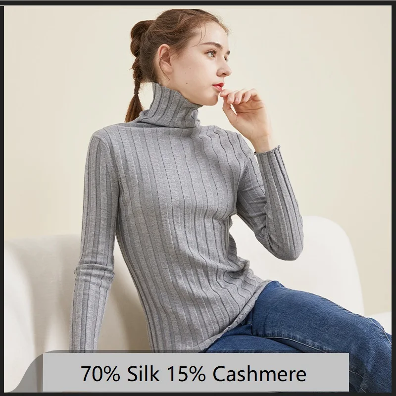 

silk cashmere sweater turtleneck women stripped long sleeve spring clothes pullover top womens sweaters turtle neck vintage tee