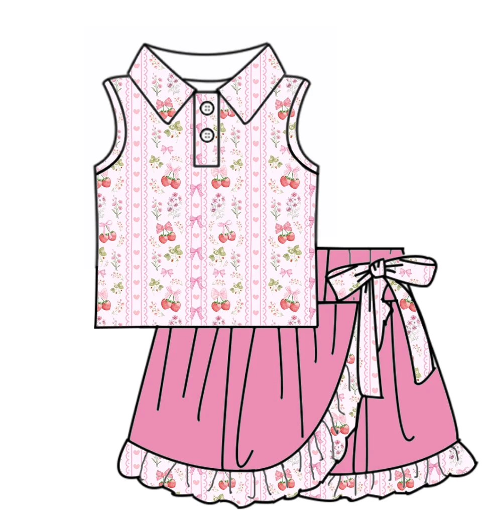 Boutique children's best-seller girls' set Collared sleeveless top ruffled short skirt bow detail strawberry bow flower print