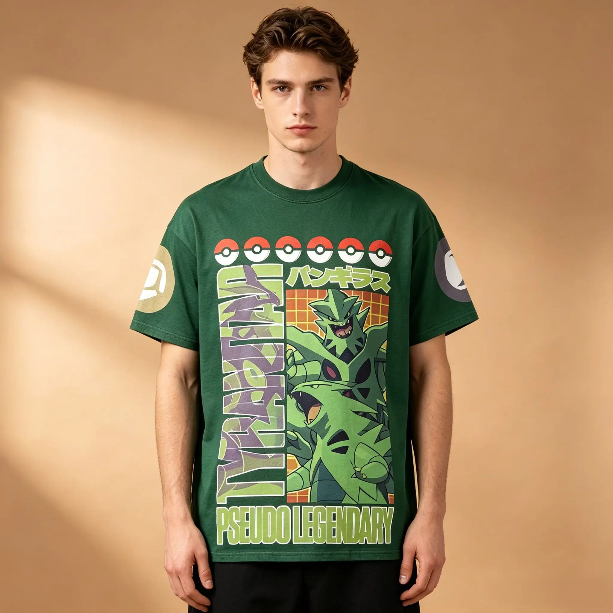 Men's Vintage Grid Anime T-Shirt, Pokemon Tyranitar Pseudo Legendary Manga Poster Print Green Casual Short Sleeve Top