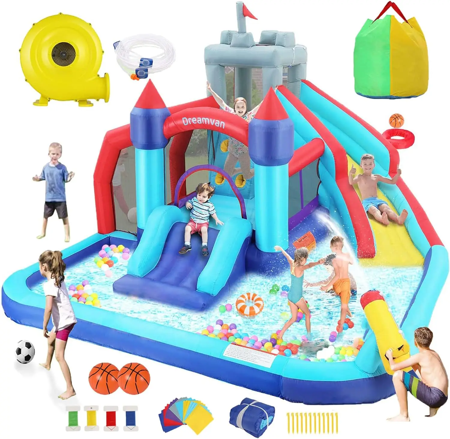 

10 in 1 Giant Inflatable Water Slide Bounce House Castle Bouncy with Splash Pool Long Slide Sprinkler Blower for Kids Backyard