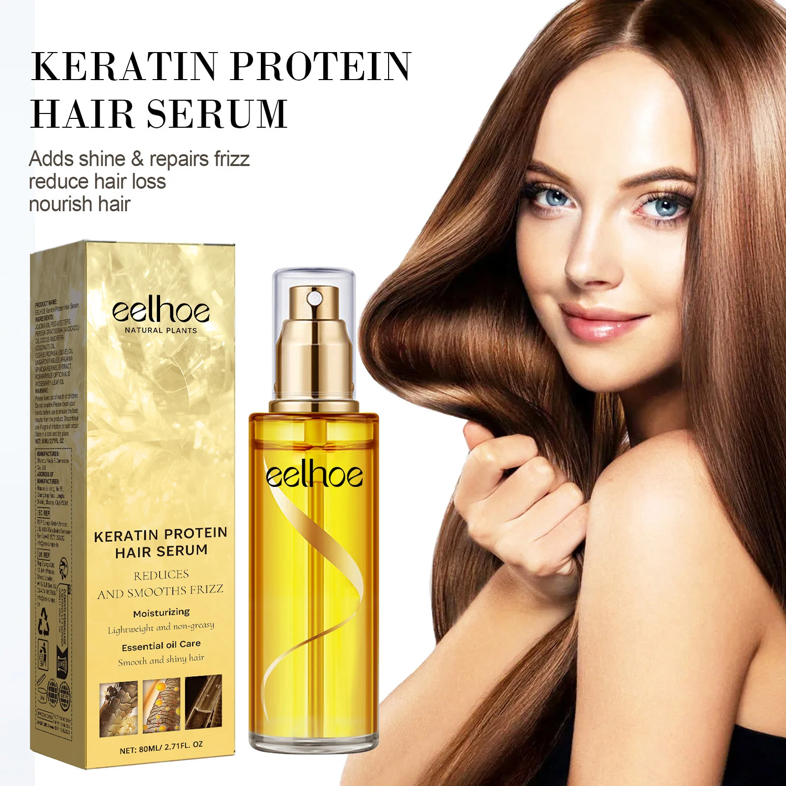 

80 мл Eelhoe Кератиновый спрей для восстановления волос Fix Frizz Сухие поврежденные волосы Укрепление Уменьшение ломтирования Поддержка роста Питает блеск-спрей