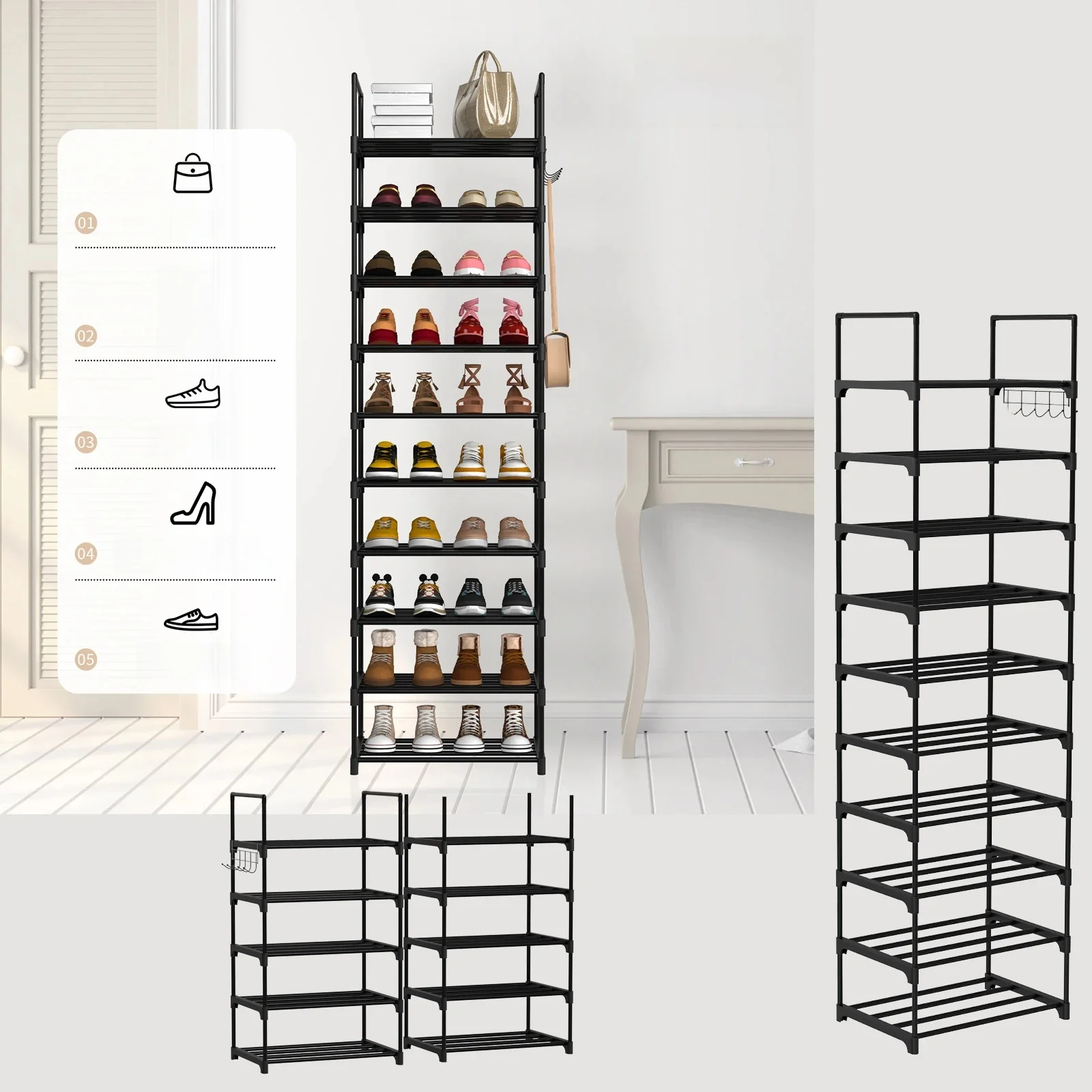 Shoe Rack 10 Tier Shoe Storage Organizer Metal With Hooks Fit 20-25 Pairs Shoes Easy Assembly, Space-Saving.