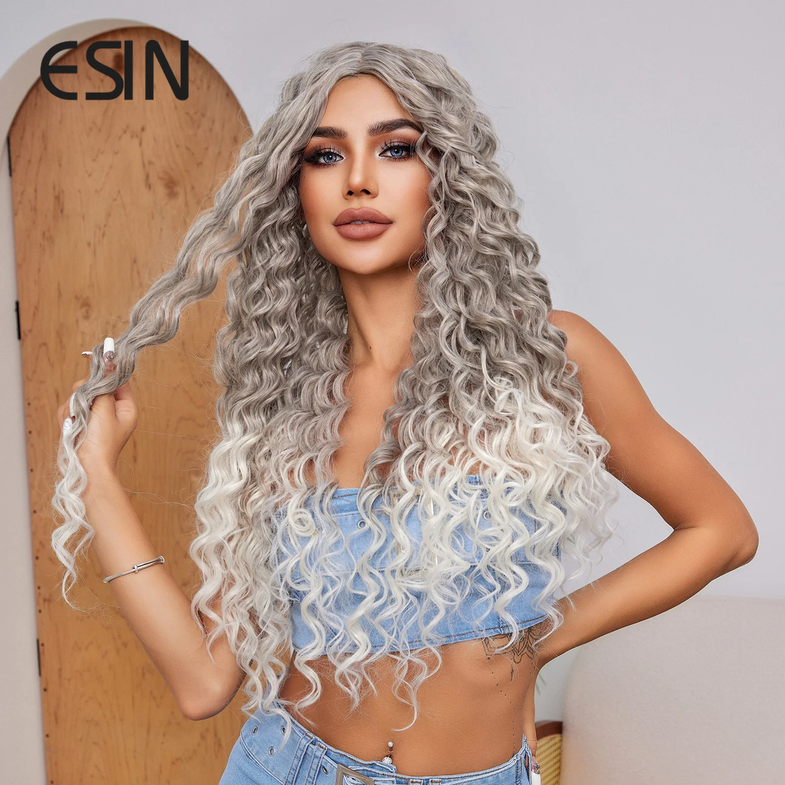 ESIN Synthetic Ombre Dark Gray to Light Gray Color Wigs Medium Long Loose Body Wave Wig Hair Cosplay Natural Daily Use for Women