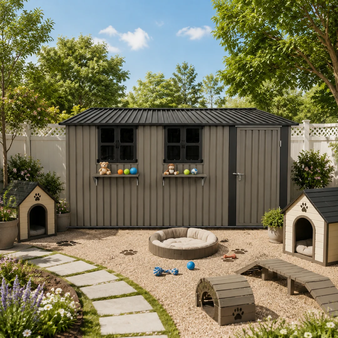 10,21m² Bruine Gegalvaniseerde Stalen Tuinschuur met 3 Openbare Ramen, Afsluitbare Dubbele Deuren en Bloemenrekken, 359,4x 284,2cm Waterdichte Grote Schuur