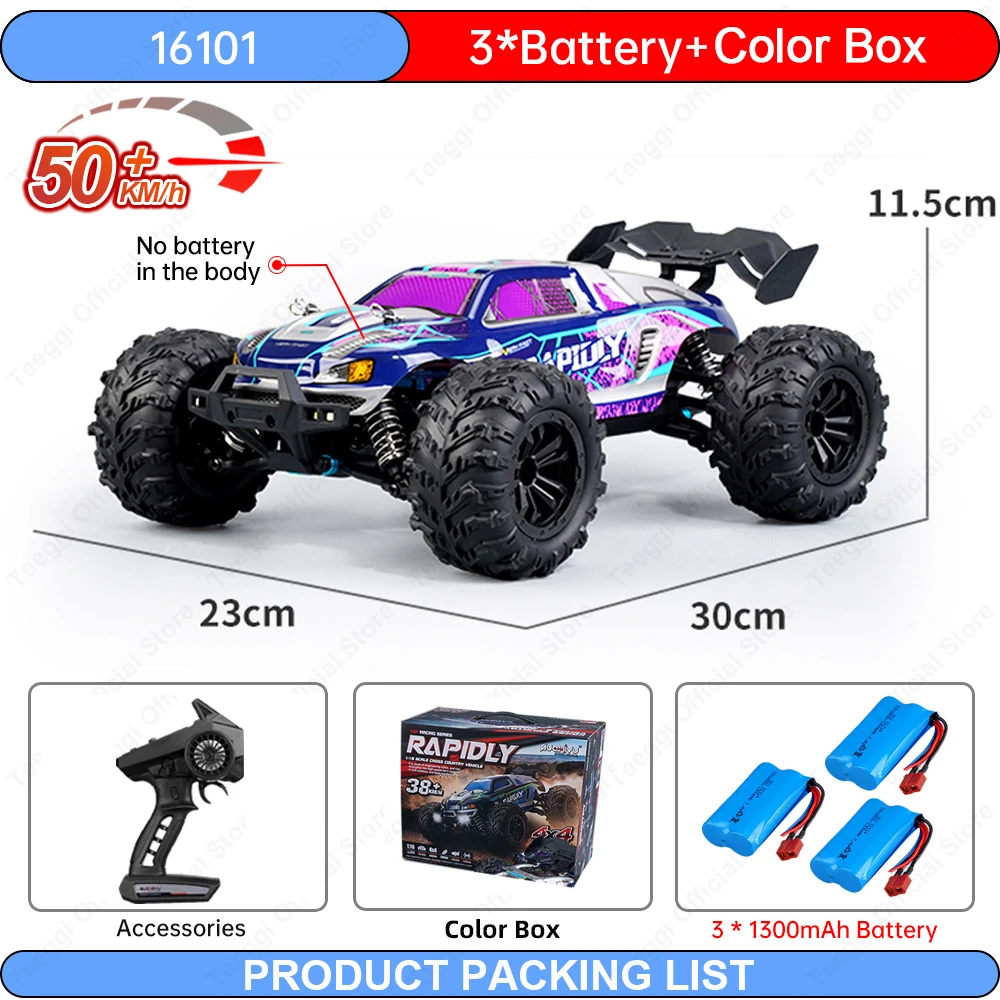 16101 1/16 Hochgeschwindigkeits-RC-Driftauto mit LED-Lichtern, 50 km/h, 4WD; 16102 RC-Geländewagen; 16201 Bürstenmotor-Monstertruck Spielzeug Geschenke