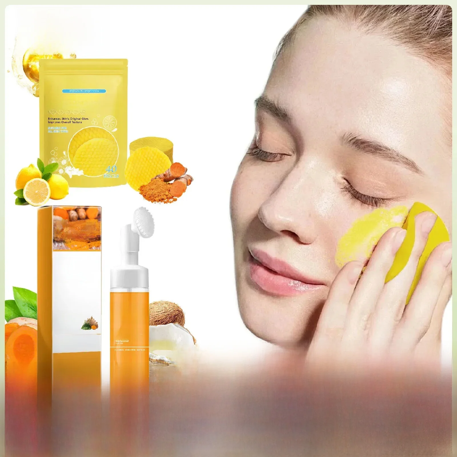Tampons nettoyants au curcuma, contrôle de l'huile, exfoliant, nettoyage quotidien, estompe les taches foncées, rétrécit les Pores, nettoyant pour le visage lisse et hydratant