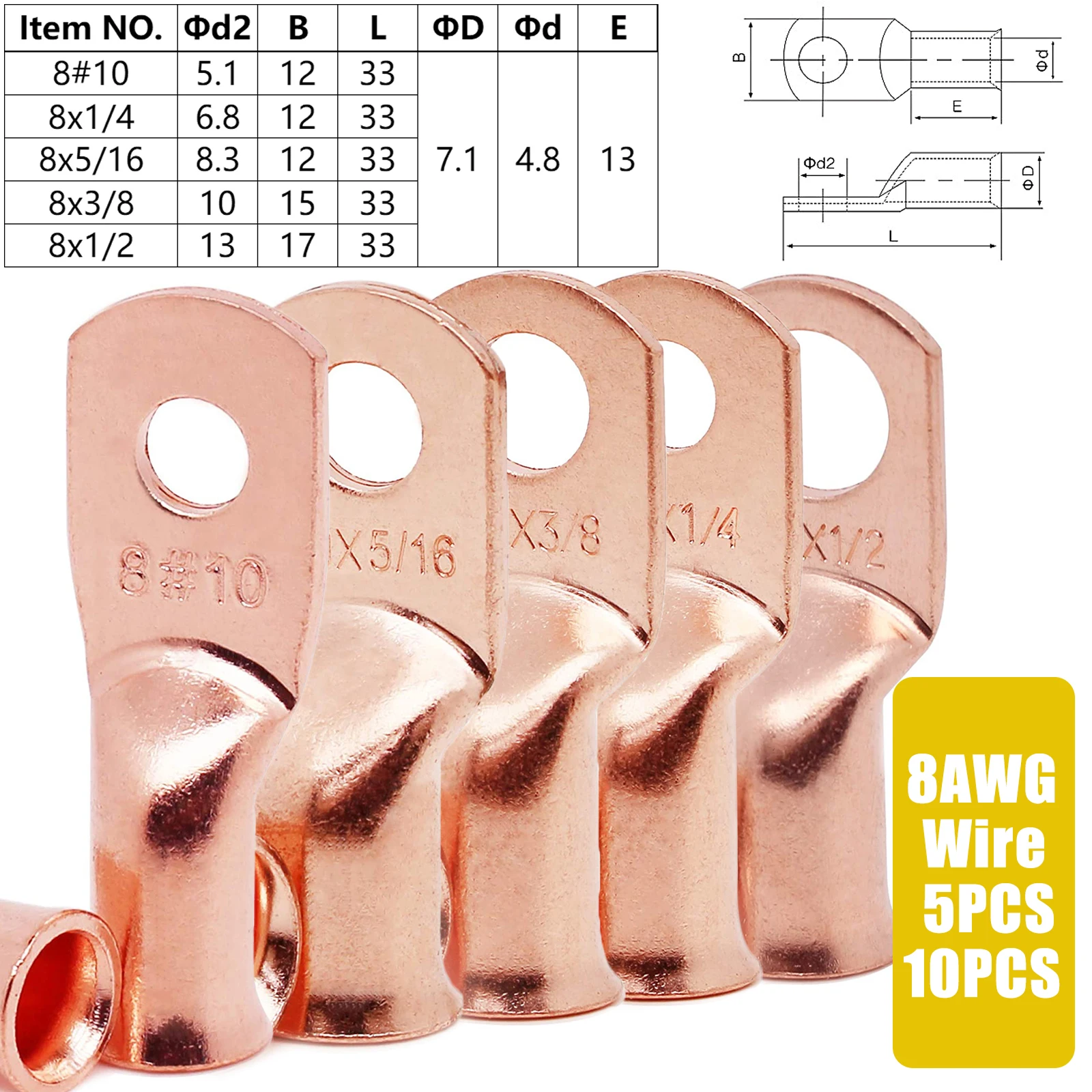 GIE.TOP 5/10PCS Gauge Battery Cable Copper Tubular Ring Terminals Crimp Wire Heavy Duty R Lugs 8AWG #10 1/4