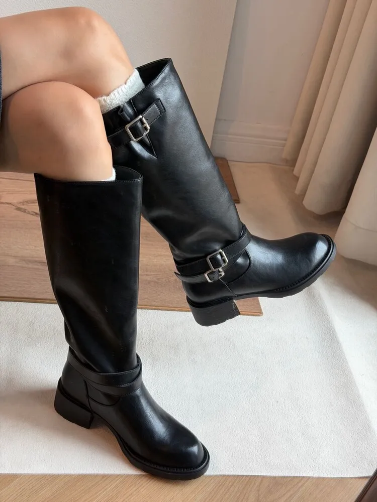 BANFANG 4.5CM Buckle Knight Knee High Boots Women Soft Genuine Leather Round Toe Chunky Heel Long Shoes Fashion