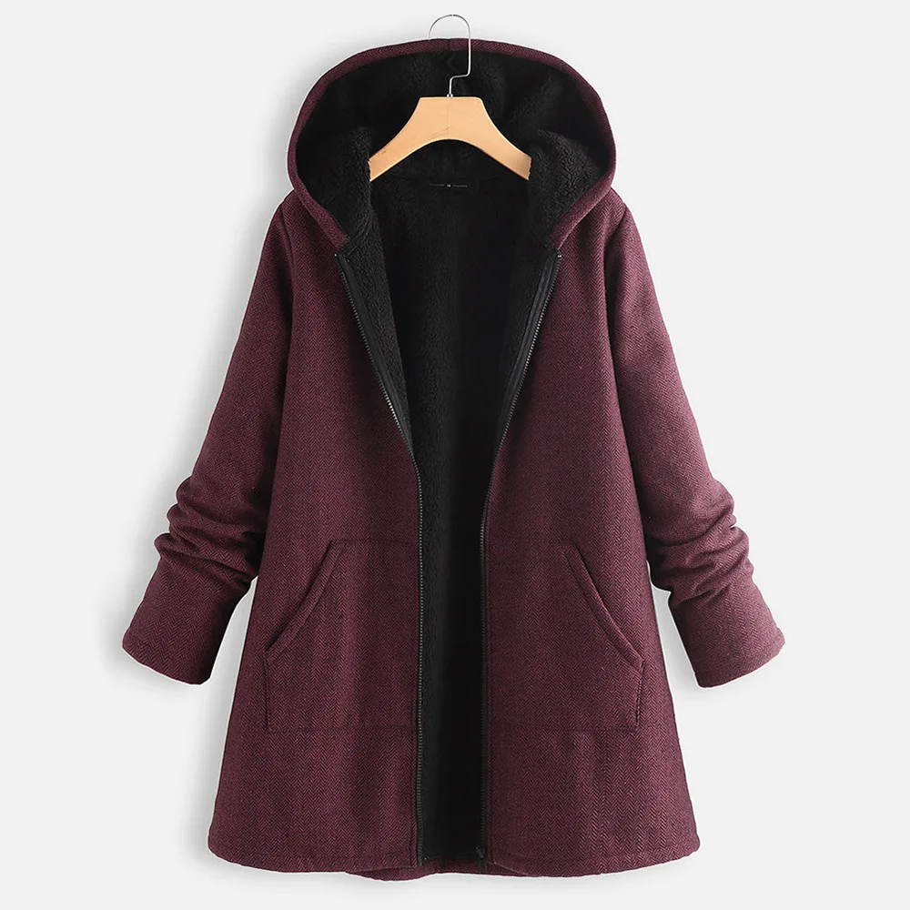 Autumn Winter Ladies Solid Hooded Jacket Coat Loose Casual Female Women Warm Thick Long Sleeve Trench Coat Hoodies Overcoat