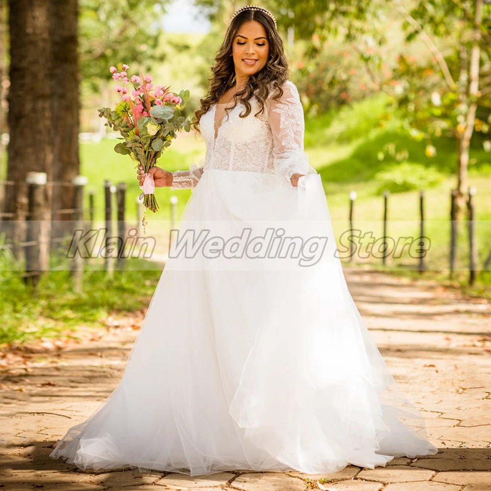 Customized Weilinsha Women Modern Lace Long Sleeves Plus Size Wedding Dresses Sweep Train Corset V-Neck Civil Bridal Gowns Vesti