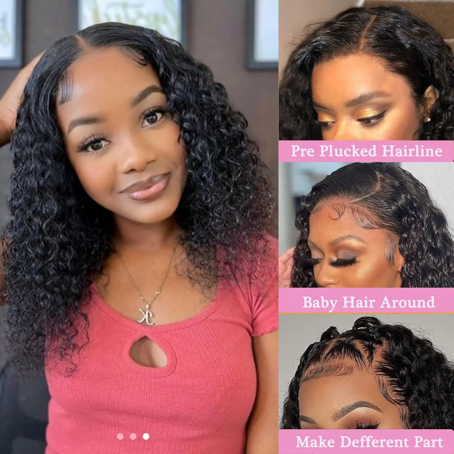 Perruque Bob Lace Front Wig Deep Wave brésilienne naturelle, cheveux vierges, 13x4, 16 pouces, pre-plucked, avec baby hair, naissance des cheveux naturelle