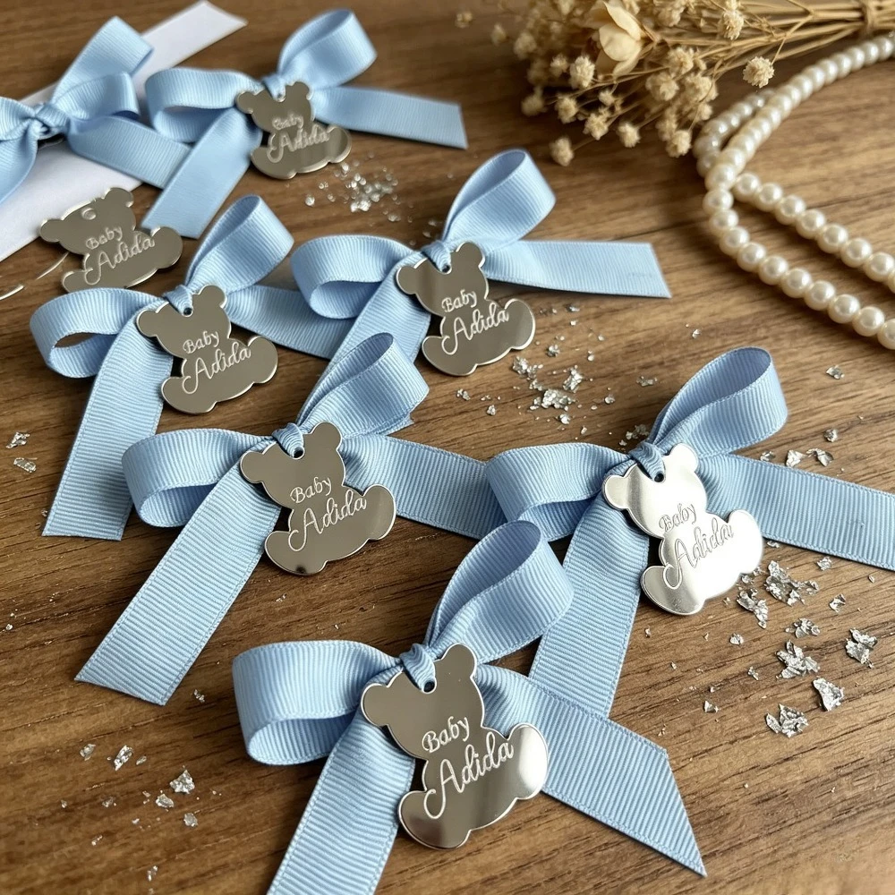 Étiquettes cadeaux personnalisées avec nom gravé, en acrylique miroir, motifs mignons de dessins animés, pour mariage, baptême, naissance de bébé, cadeaux de naissance
