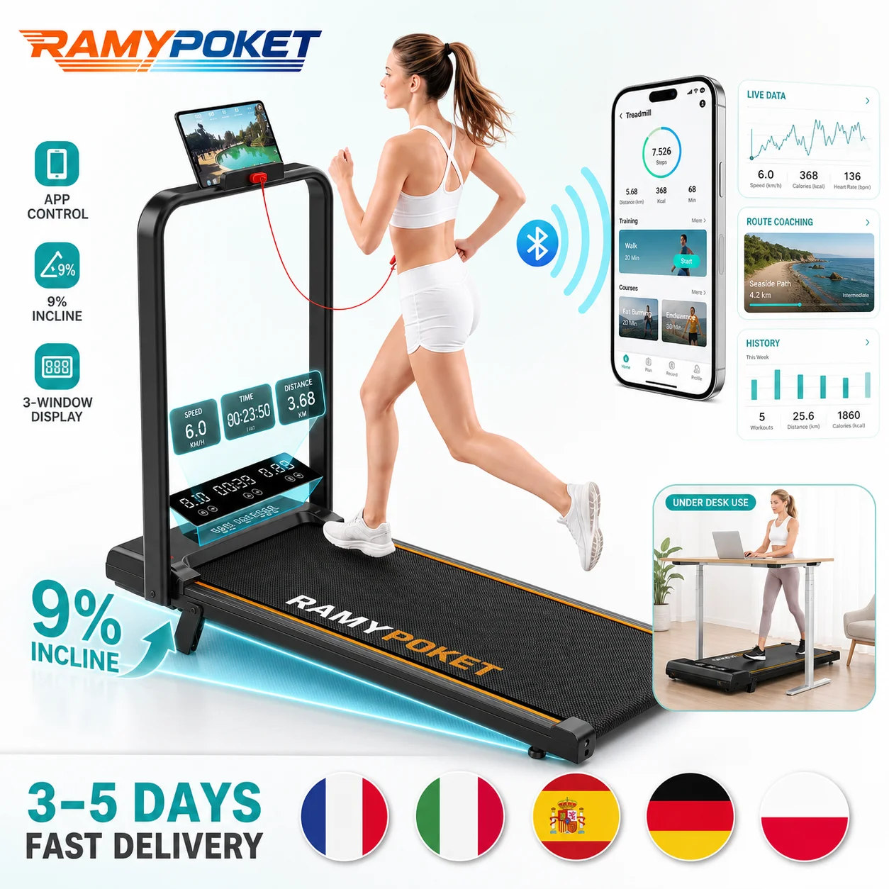 RAMYPOKET Tapis de marche pour bureau à domicile 9% inclinaison APP 1-10 km/h 330lb Écran LED Tapis de marche antidérapant et absorbant les chocs