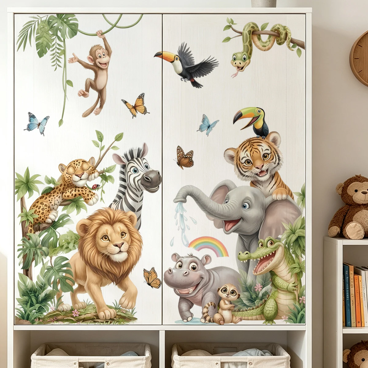 Cartoon Jungle Animal Wall Stickers Safari Lion Elephant Tiger Decal Removable PVC Nursery Mural Wallpaper Home Decor view 5