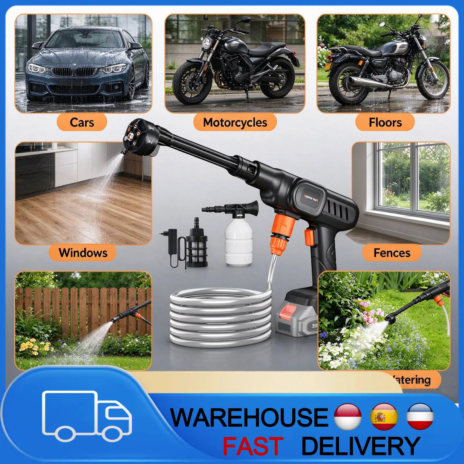 Idropulitrice portatile senza fili ad alta pressione, 25 bar, con tubo da 5 metri e batteria ricaricabile, ideale per la pulizia dell'auto, l'irrigazione del giardino e la pulizia dei pavimenti.