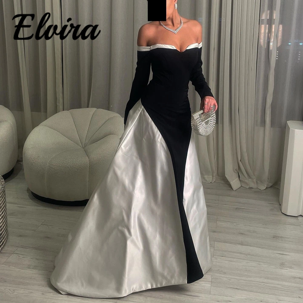 Customized Vintage Black-White Patchwork Sweetheart Prom Gowns Woman Sweep Train S Backless Pleats Lone Sleeve Evening Party Dre