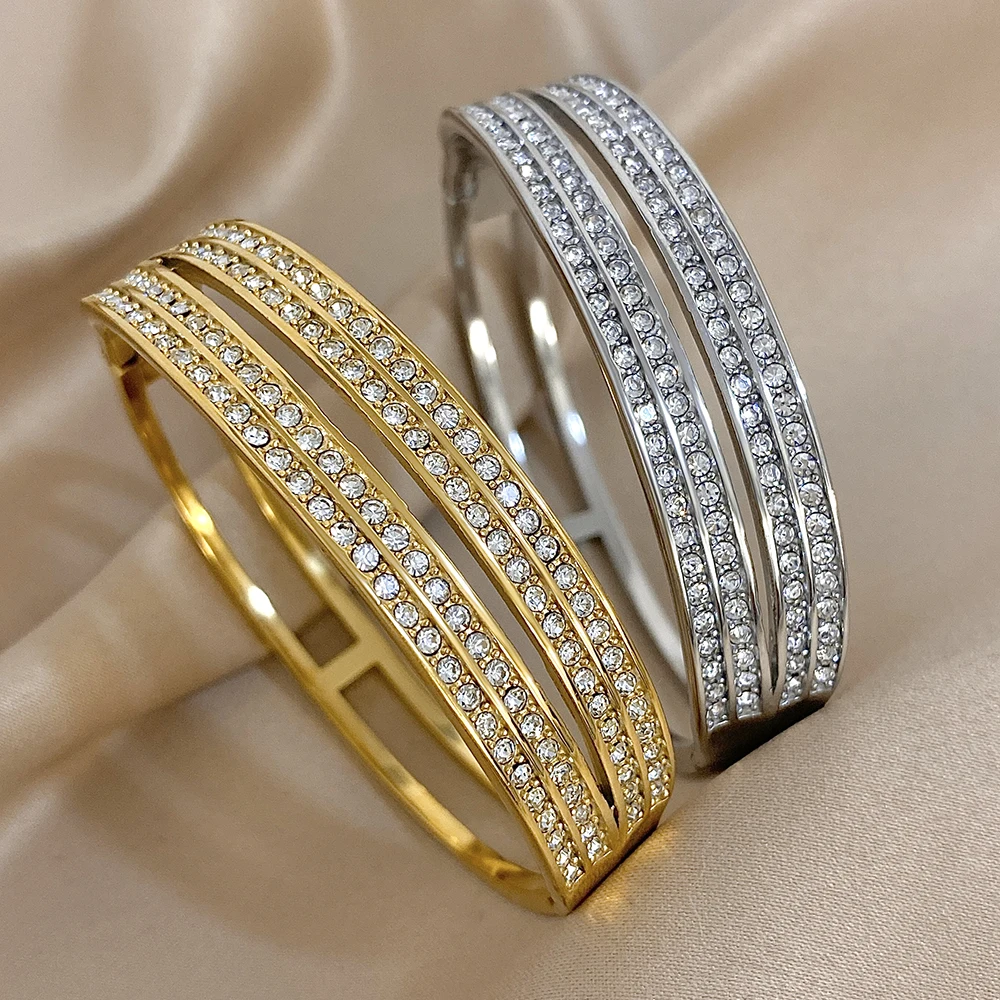 Freetry طبقة مزدوجة كامل حجر الراين الفولاذ المقاوم للصدأ الربيع الإسورة للنساء مقاوم للماء جولة واسعة سوار مجوهرات فاخرة هدية