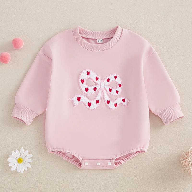 Toddler Baby Girl Sweatshirt Romper Autumn Lovely Bow Embroidery Long Sleeve Round Neck Bubble Jumpsuit for Newborn Infants