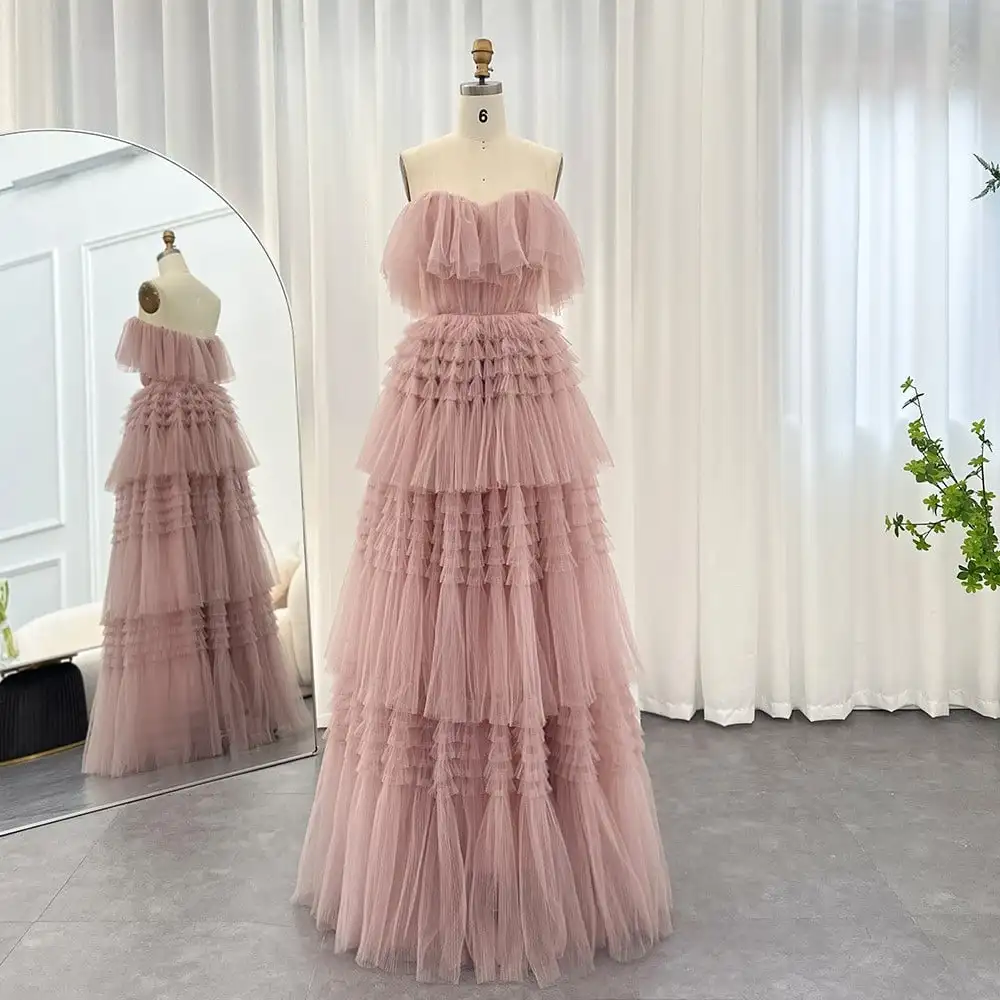 Sexy Strapless Tulle Tiered Evening Dress Gorgeous A Line Blush Pink Princess Sweep Train Prom Dresses vestidos verano moda 2024