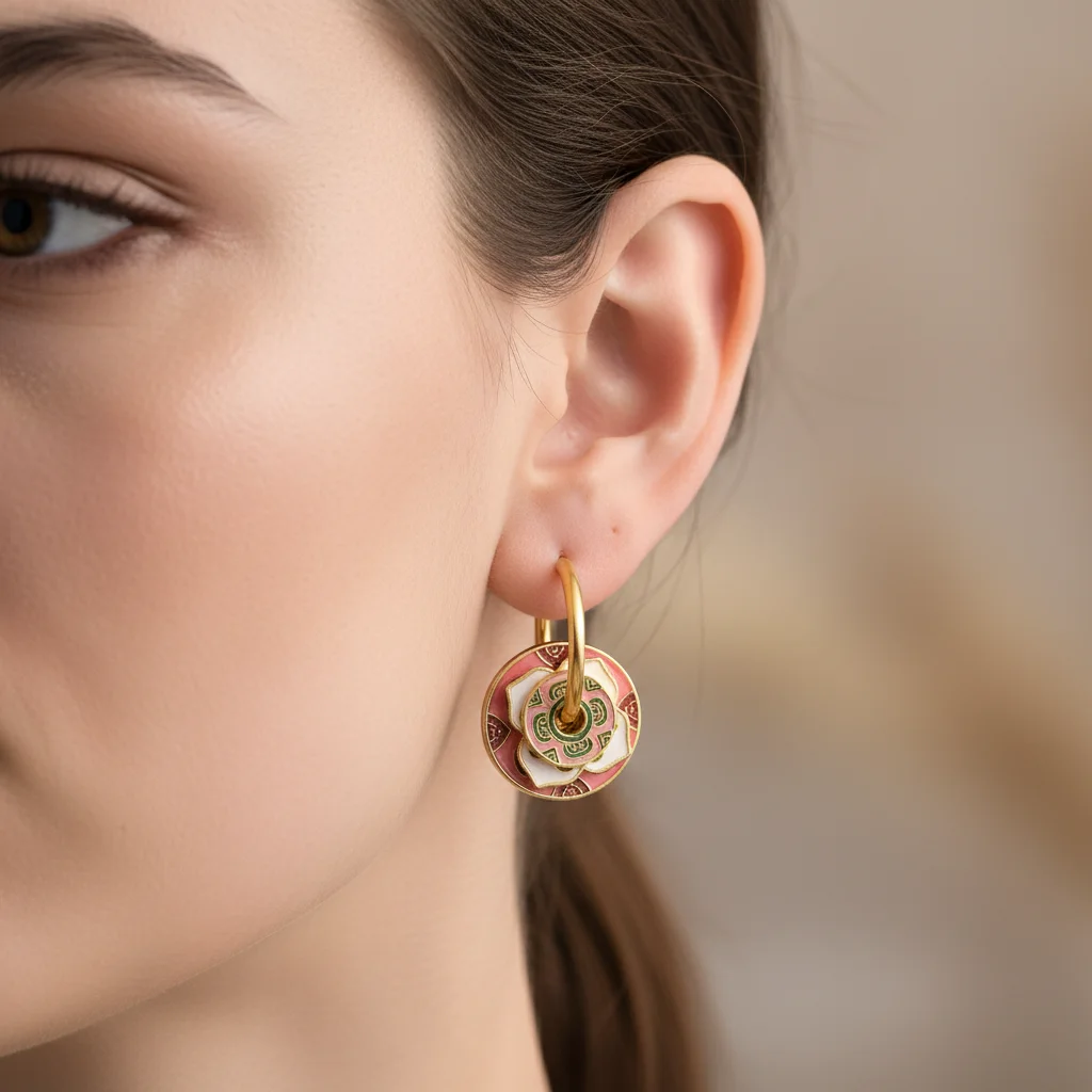 

18K Gold Plated Enamel Lotus Flower Drop Earrings - Vintage Bohemian Style Hoop Dangle Jewelry for Women Daily Ear Charm