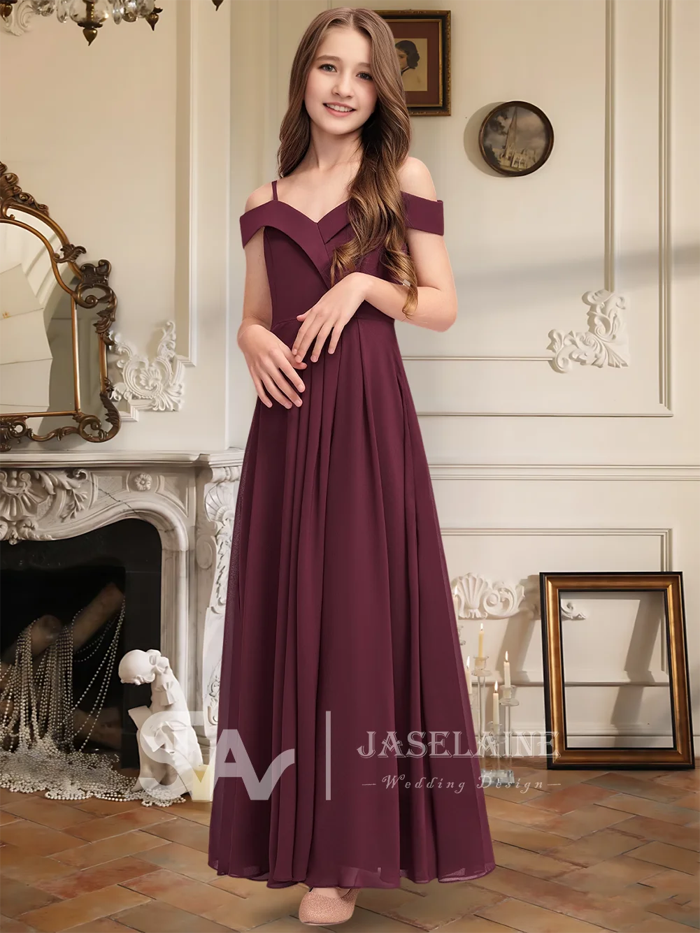 Элегантное шифоновое платье трапециевидной формы с открытыми плечами длиной до пола, платье для подружек невесты, платье с цветочным узором для девочек, вечерние, свадебные, торжественные okazje