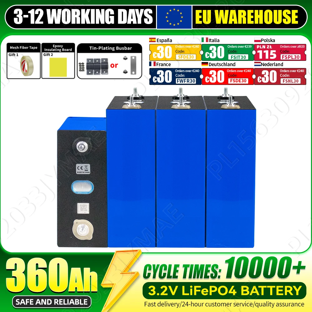 Nowa bateria Lifepo4 3.2V 360Ah, ponad 10 000 cykli ładowania, bezpieczna, ładowalna, z 3 akcesoriami w prezencie, klasa A, do samodzielnego montażu 12V 24V 48V, do kamperów, pojazdów elektrycznych,