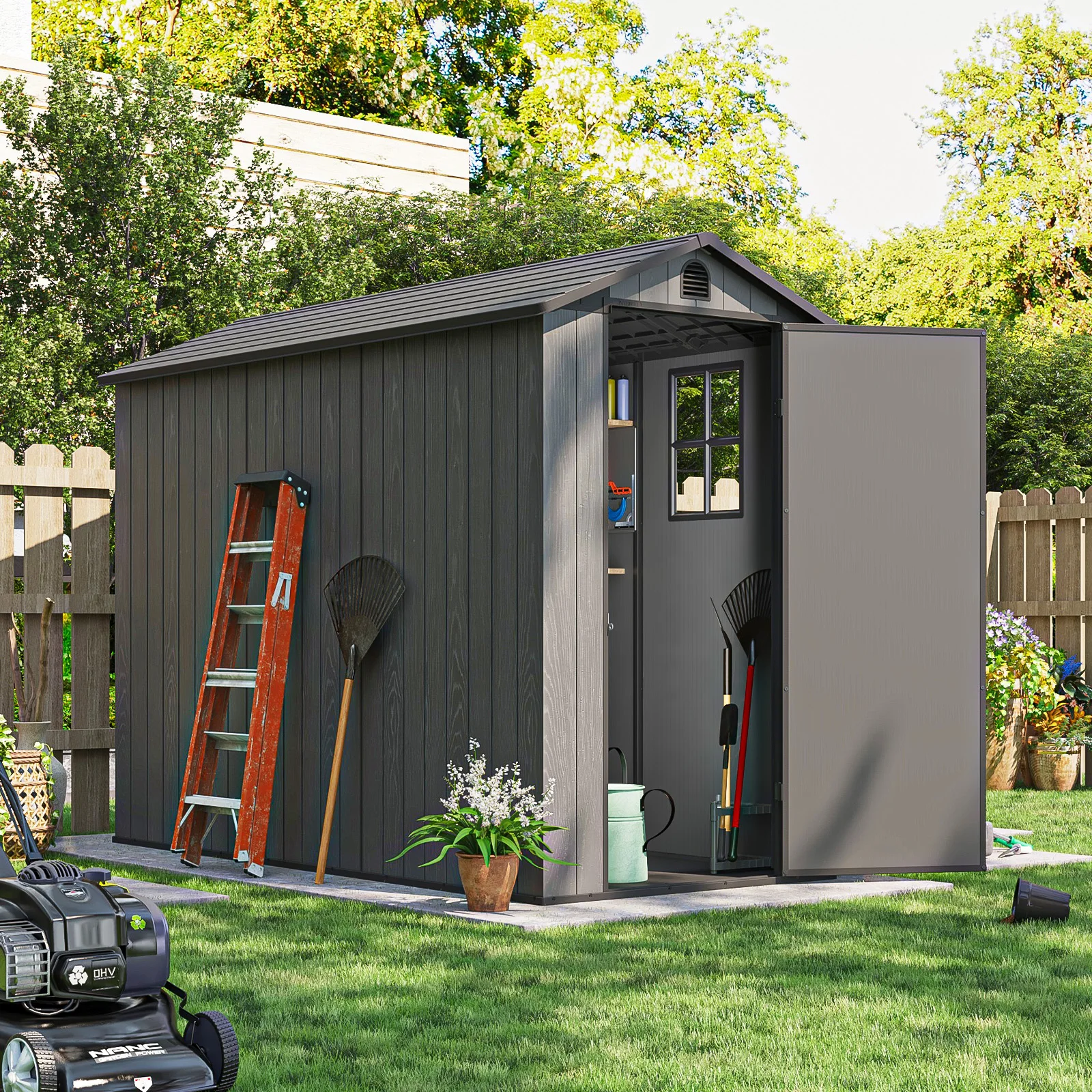 4x8 FT Plastic Outdoor Storage Shed With Floor, Resin Outside Tool Shed With Windows And Lockable Doors