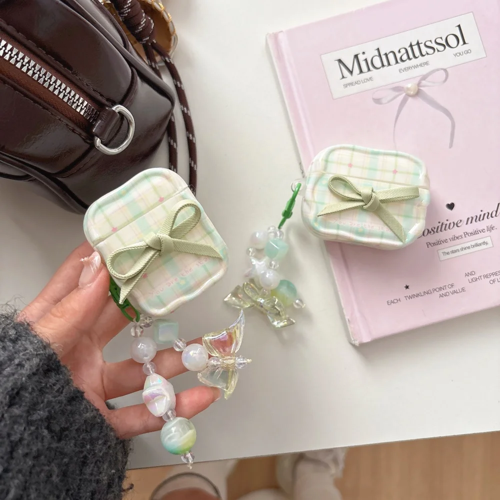 

Fresh plaid bow headphone protective case, suitable for AirPods 4/3/2 Pro/2/4,Korea INS new shockproof headphone protective case