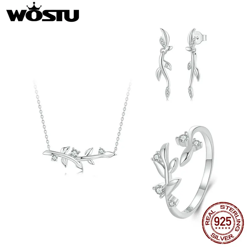 WOSTU Original 925 Sterling Sliver Leaf Jewelry Set Leaf Open Ring Ear Stud Necklace For Women Fine Jewelry Anniversary Gift