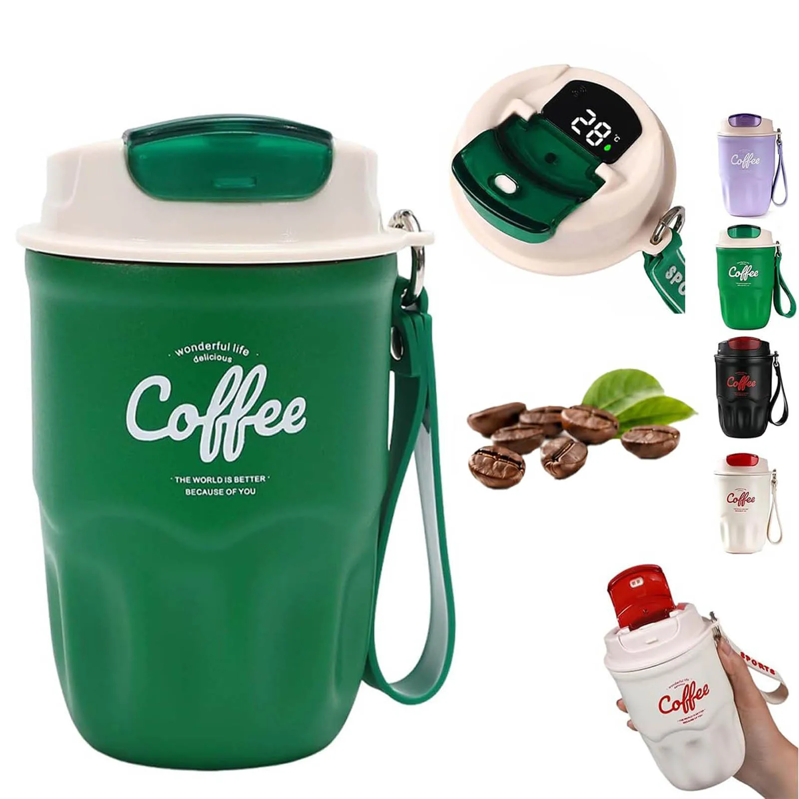 Koffie thermoskan, draagbare koffiekop met deksel en handvat, intelligente temperatuurweergave, 360 ml roestvrijstalen geïsoleerde waterfles, reiskoffiemok voor warme en koude dranken