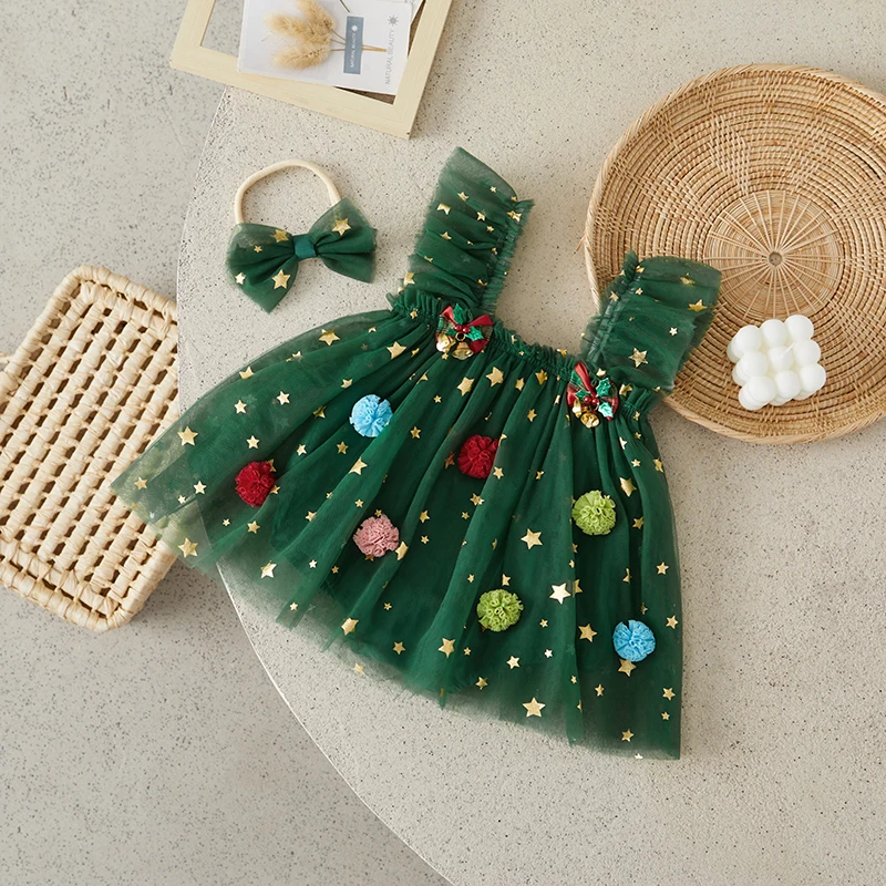 Suefunskry Baby Girl Christmas Romper Dress Square Neck Ruffles Fly Sleeve Mesh Skirt Hem Jumpsuit with Bobbles Bells Decor