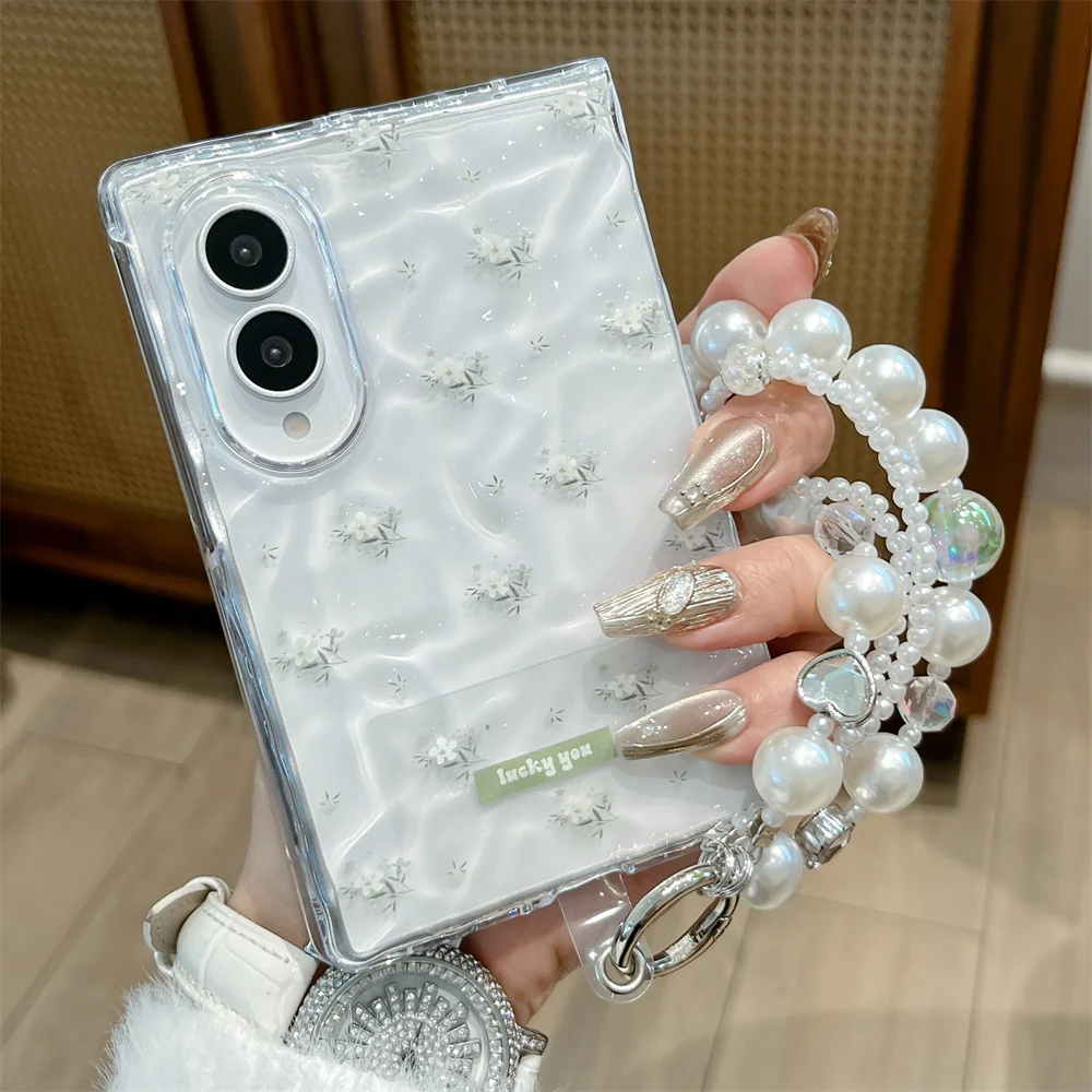 Korean Cute Plaid Bow Flowers Phone case for Samsung Galaxy Z Fold 8 Ultra  fold7 Fold 6 7 8  Cover with Chain Shockproof cover
