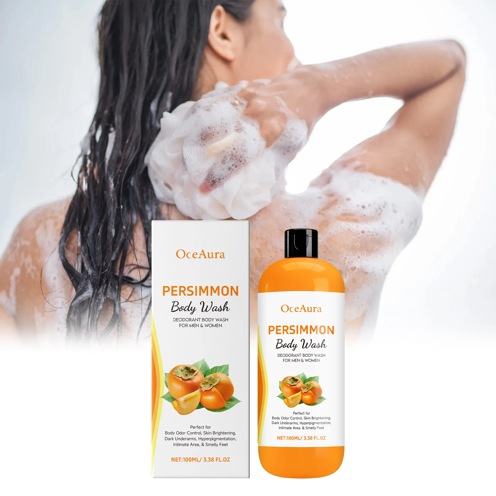 Oceaura 100 ml Persimmon Fresh Duschgel spendet Feuchtigkeit, sauberer Schmutz, Ölkontrolle, Peeling der Haut, glattes, anhaltendes Aroma, Schaumstoff-Duschgel