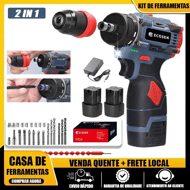 Furadeira Parafusadeira Brushless 16.8V Sem Fio com 2 Baterias, Kit Completo para DIY e Obras