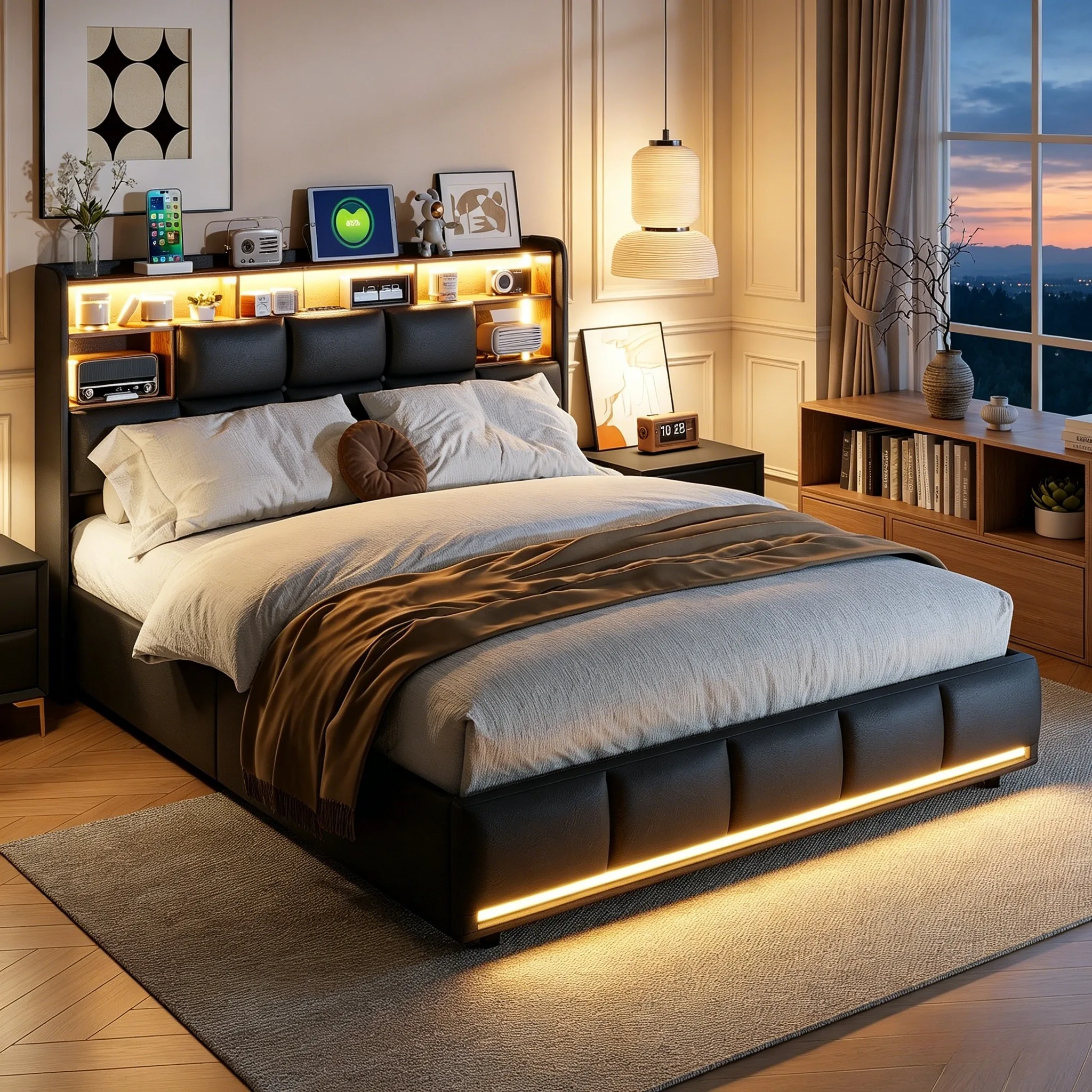 MINGZHE Lit de rangement 140x190/140x200/160x200cm avec sommier à lattes, éclairage LED et USB, lit double rembourré avec rangement et tête de lit, lit hydraulique, matelas non inclus, cuir PU, noir