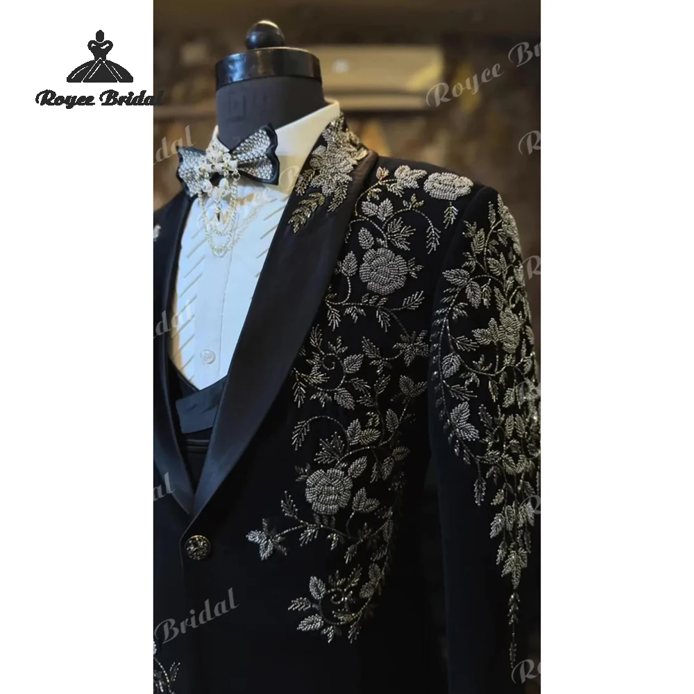 Two Piece Embroidered Black Velvet Wedding Men's Suits 2026 Satin Lapel Tuxedo Prom Business Suits costume homme mariage